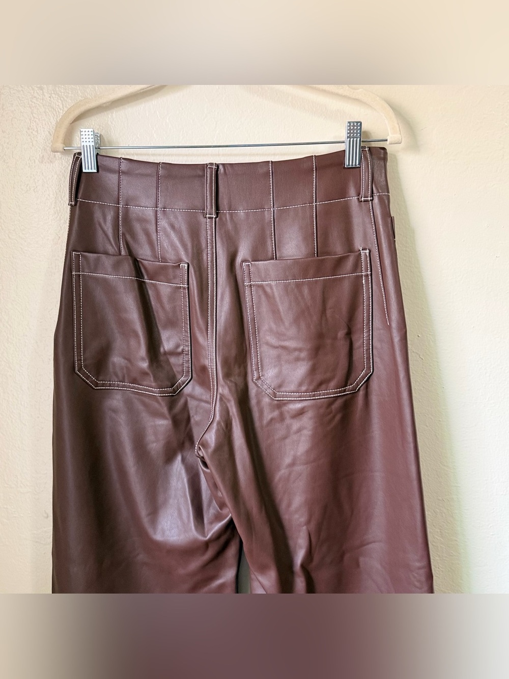 Anthropologie Maeve Colette Faux Leather Crop Wide‎ Leg Pants Brown Stitch 27 - Picture 7 of 9
